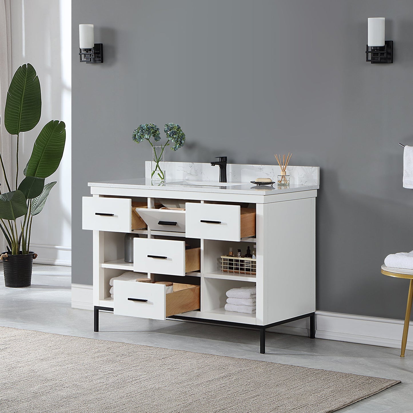 Kesia 48" Single Bathroom Vanity Set in White with Aosta White Engineered Stone Countertop without Mirror