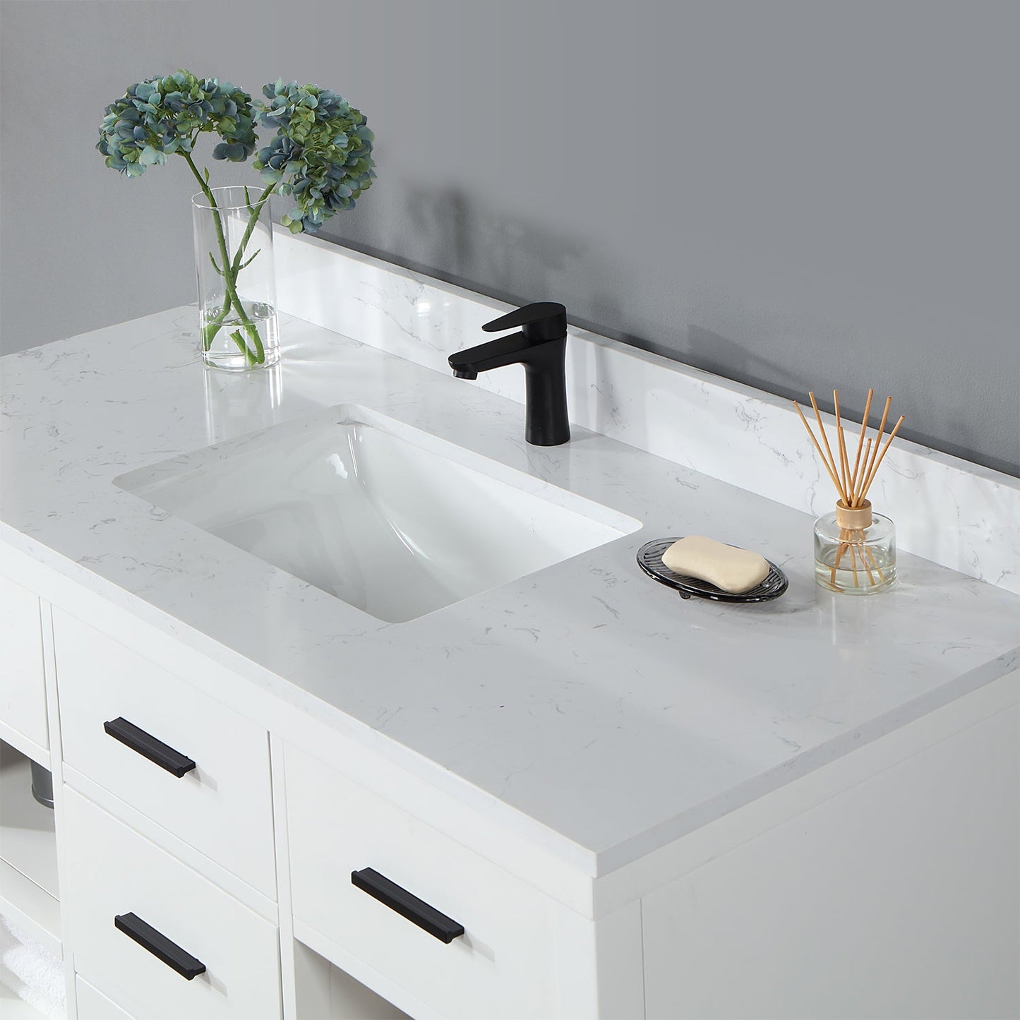 Kesia 48" Single Bathroom Vanity Set in White with Aosta White Engineered Stone Countertop without Mirror