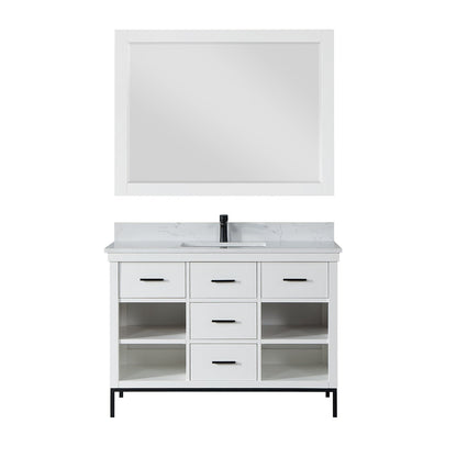 Kesia 48" Single Bathroom Vanity Set in White with Aosta White Engineered Stone Countertop with Mirror