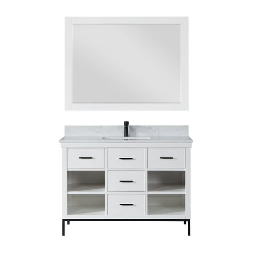 Kesia 48" Single Bathroom Vanity Set in White with Aosta White Engineered Stone Countertop with Mirror