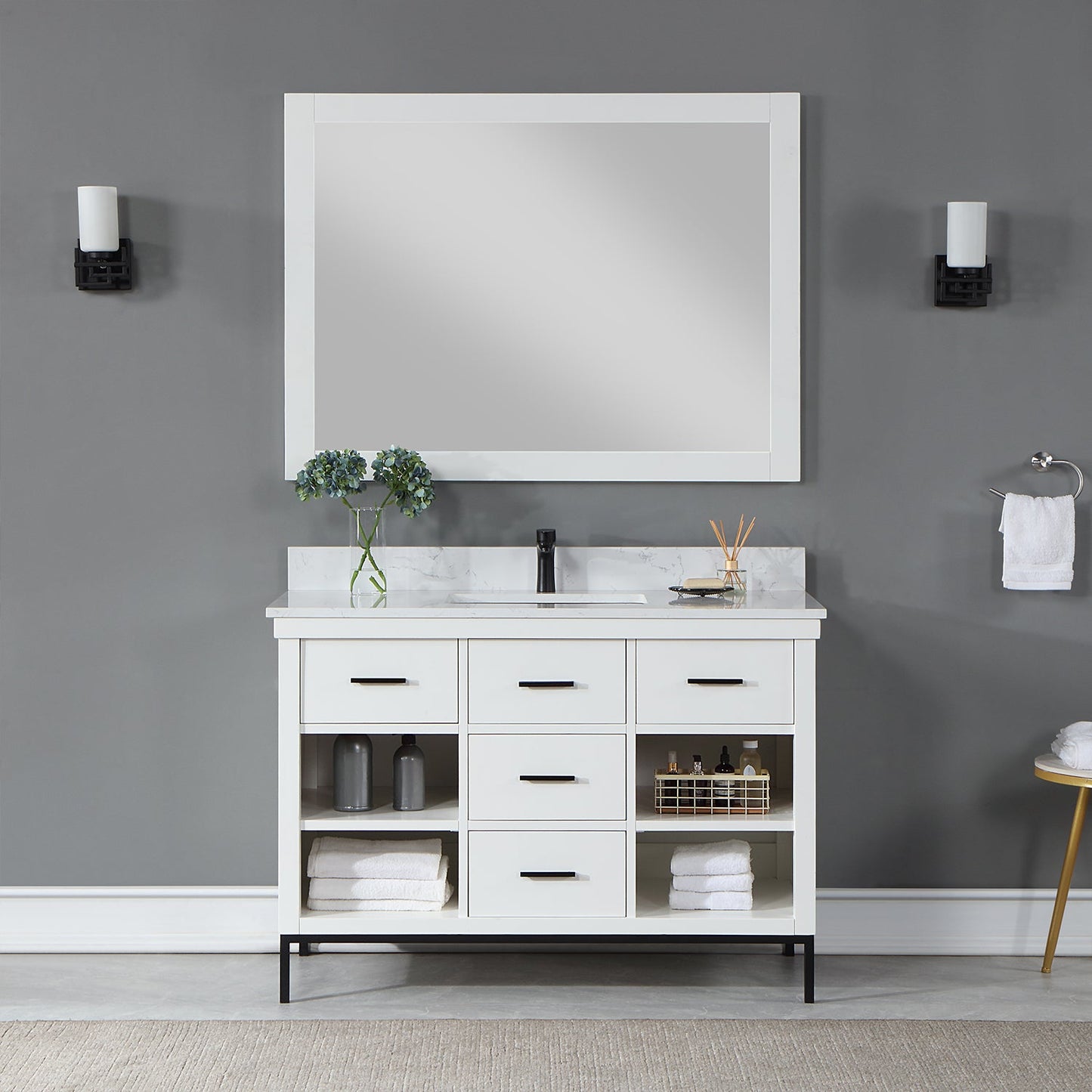 Kesia 48" Single Bathroom Vanity Set in White with Aosta White Engineered Stone Countertop with Mirror