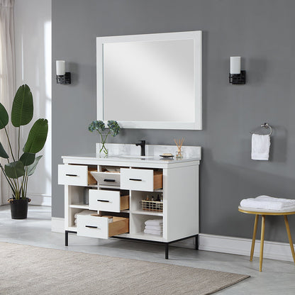 Kesia 48" Single Bathroom Vanity Set in White with Aosta White Engineered Stone Countertop with Mirror