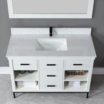 Kesia 48" Single Bathroom Vanity Set in White with Aosta White Engineered Stone Countertop with Mirror