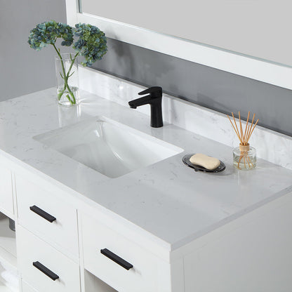 Kesia 48" Single Bathroom Vanity Set in White with Aosta White Engineered Stone Countertop with Mirror