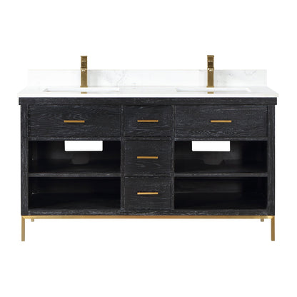 Kesia 60" Double Bathroom Vanity Set in Black Oak with Aosta White Engineered Stone Countertop without Mirror