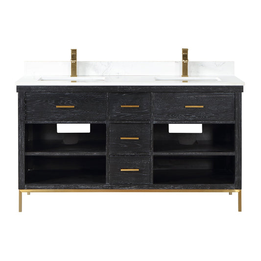 Kesia 60" Double Bathroom Vanity Set in Black Oak with Aosta White Engineered Stone Countertop without Mirror