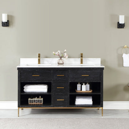 Kesia 60" Double Bathroom Vanity Set in Black Oak with Aosta White Engineered Stone Countertop without Mirror