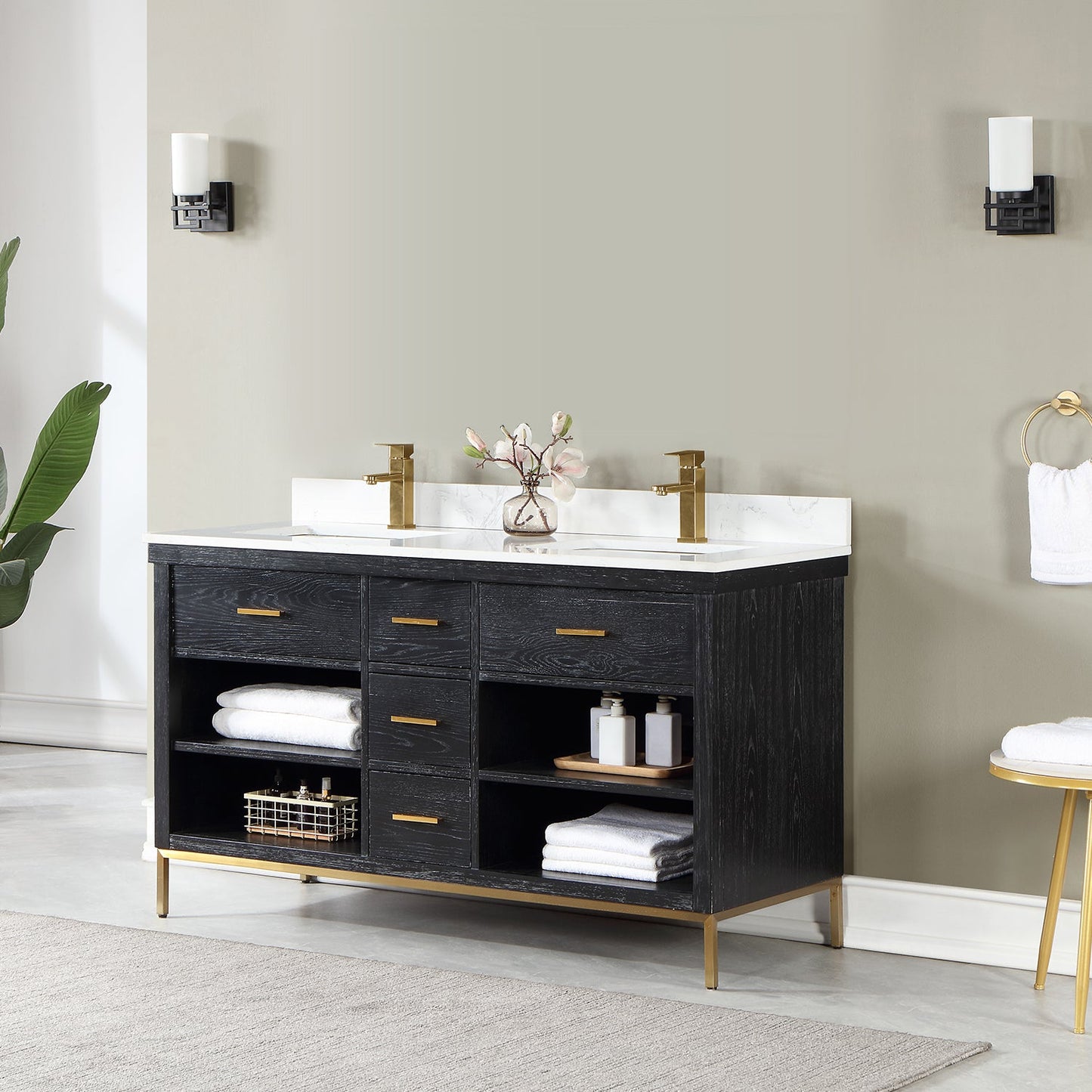 Kesia 60" Double Bathroom Vanity Set in Black Oak with Aosta White Engineered Stone Countertop without Mirror