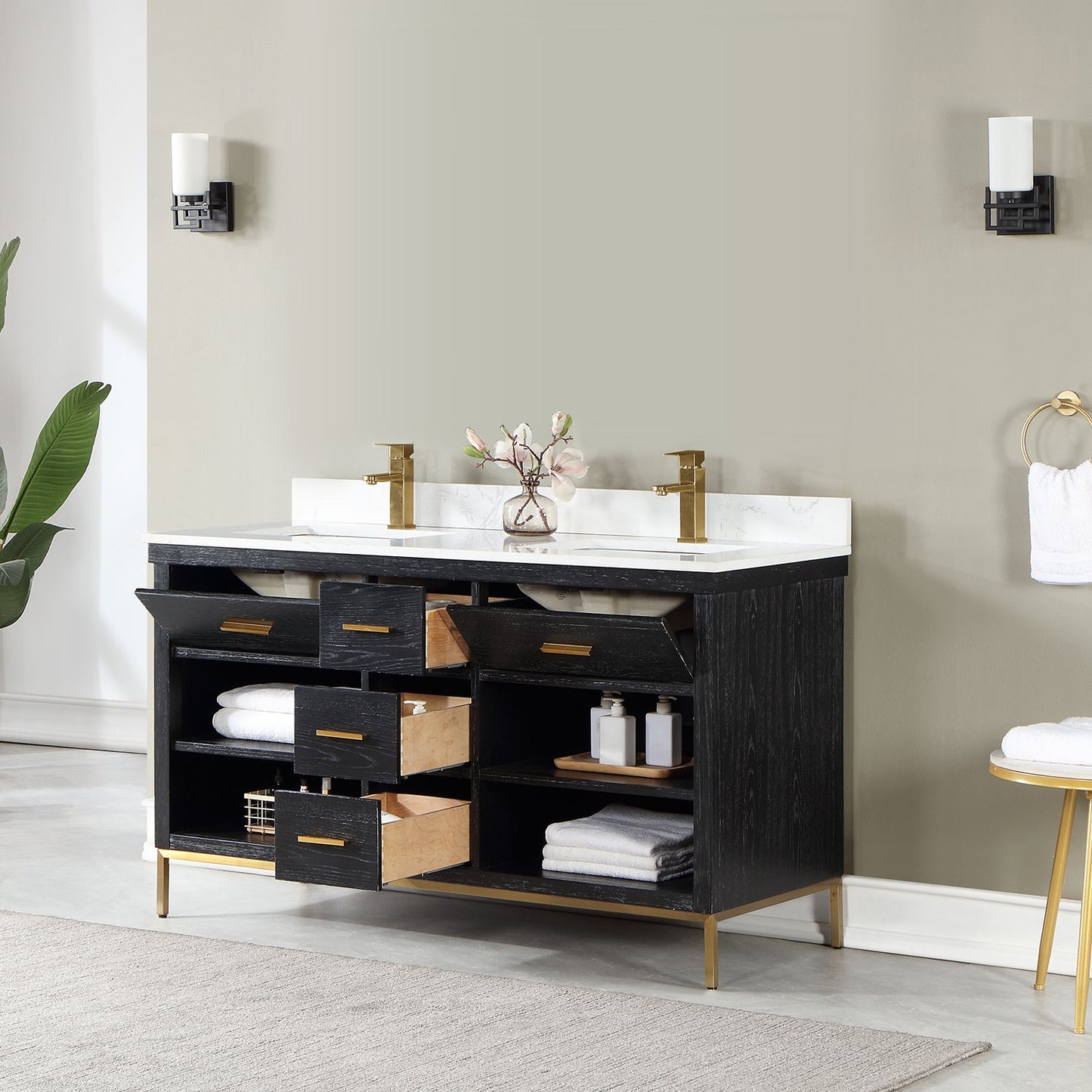 Kesia 60" Double Bathroom Vanity Set in Black Oak with Aosta White Engineered Stone Countertop without Mirror