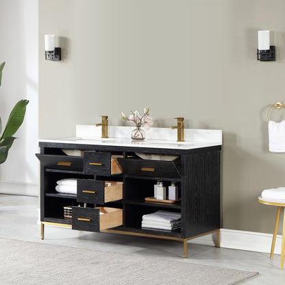 Kesia 60" Double Bathroom Vanity Set in Black Oak with Aosta White Engineered Stone Countertop without Mirror
