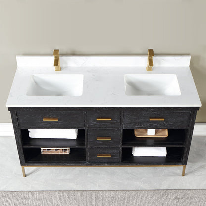 Kesia 60" Double Bathroom Vanity Set in Black Oak with Aosta White Engineered Stone Countertop without Mirror