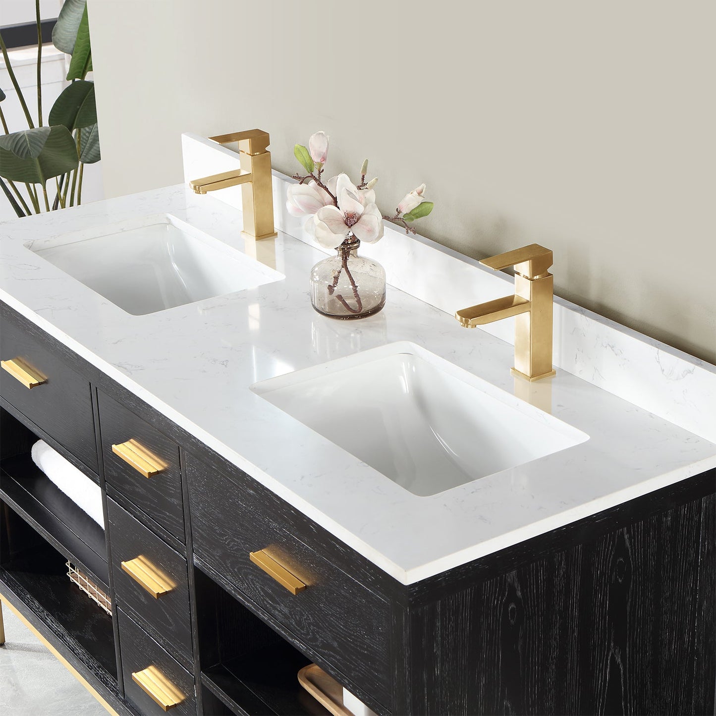 Kesia 60" Double Bathroom Vanity Set in Black Oak with Aosta White Engineered Stone Countertop without Mirror