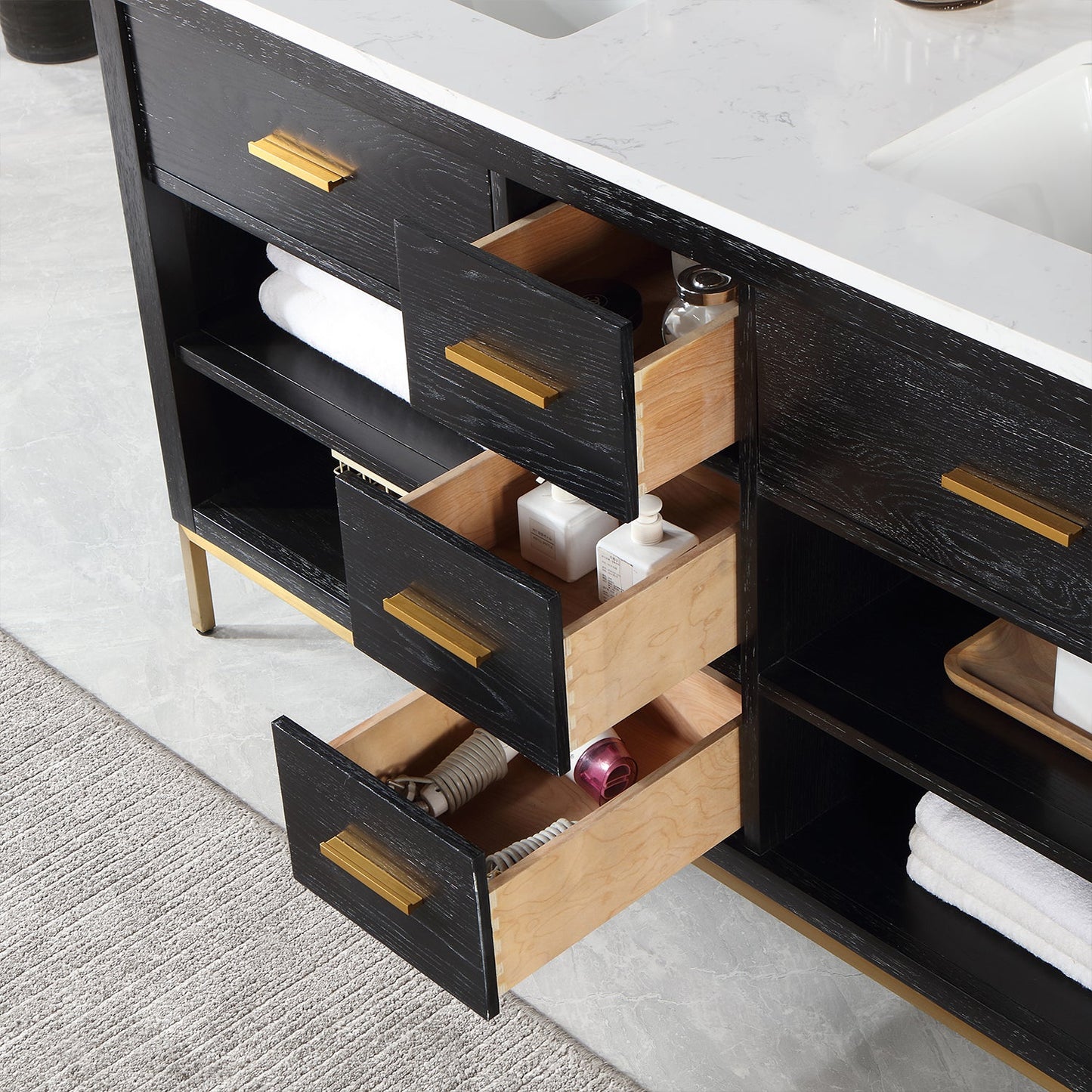 Kesia 60" Double Bathroom Vanity Set in Black Oak with Aosta White Engineered Stone Countertop without Mirror