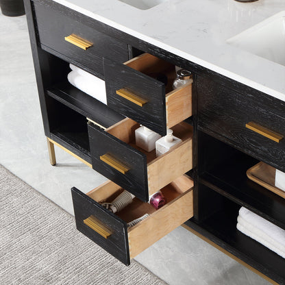 Kesia 60" Double Bathroom Vanity Set in Black Oak with Aosta White Engineered Stone Countertop without Mirror