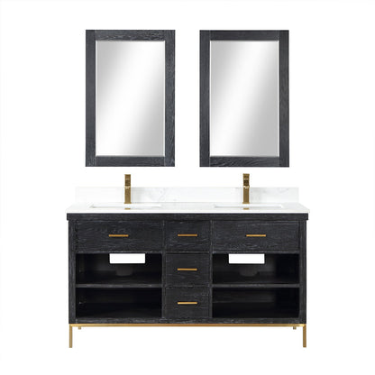 Kesia 60" Double Bathroom Vanity Set in Black Oak with Aosta White Engineered Stone Countertop with Mirror