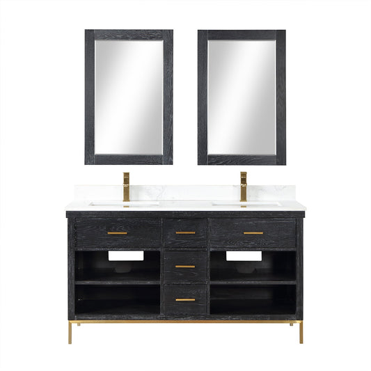 Kesia 60" Double Bathroom Vanity Set in Black Oak with Aosta White Engineered Stone Countertop with Mirror