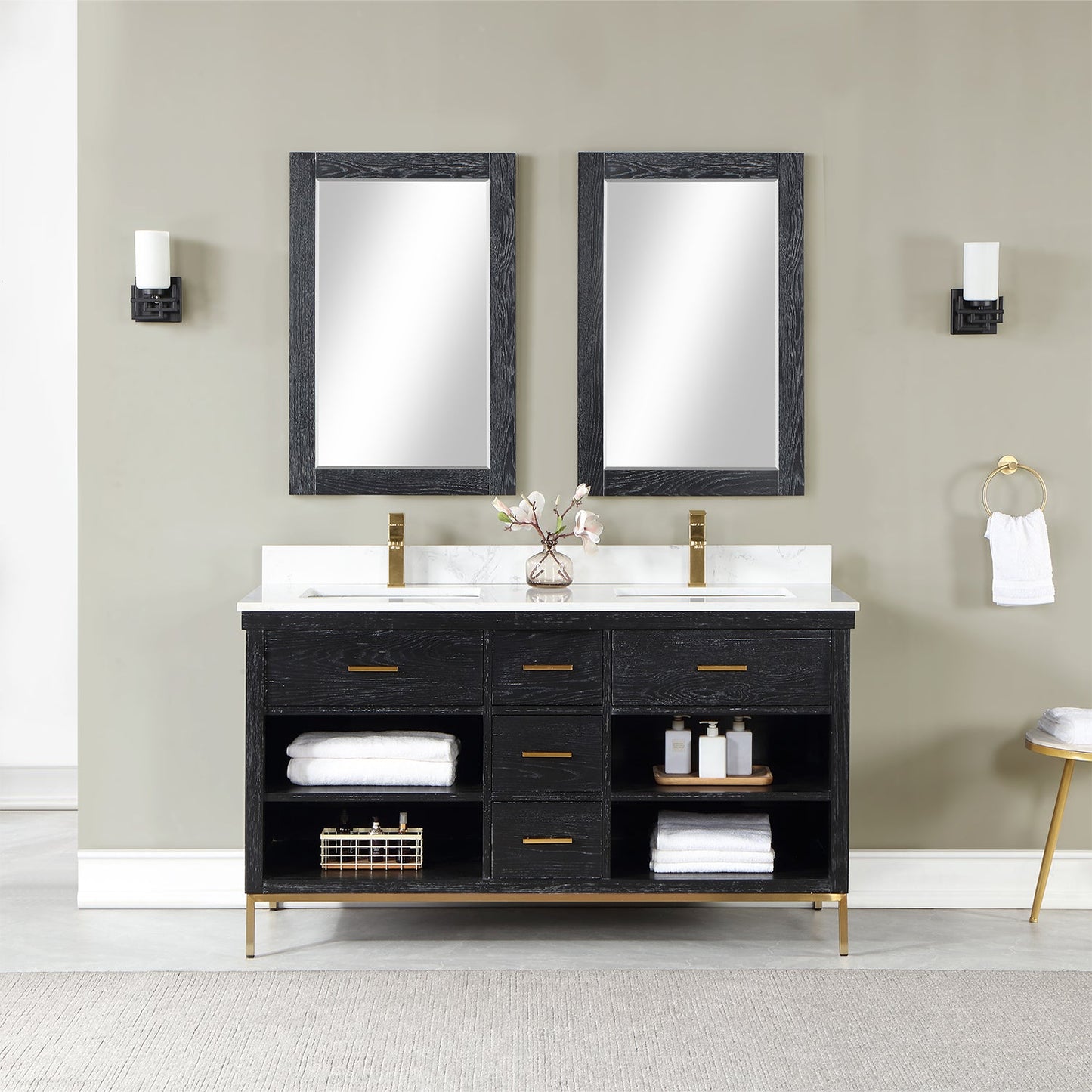 Kesia 60" Double Bathroom Vanity Set in Black Oak with Aosta White Engineered Stone Countertop with Mirror