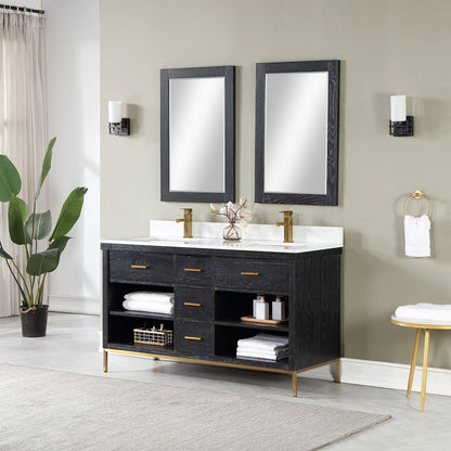 Kesia 60" Double Bathroom Vanity Set in Black Oak with Aosta White Engineered Stone Countertop with Mirror