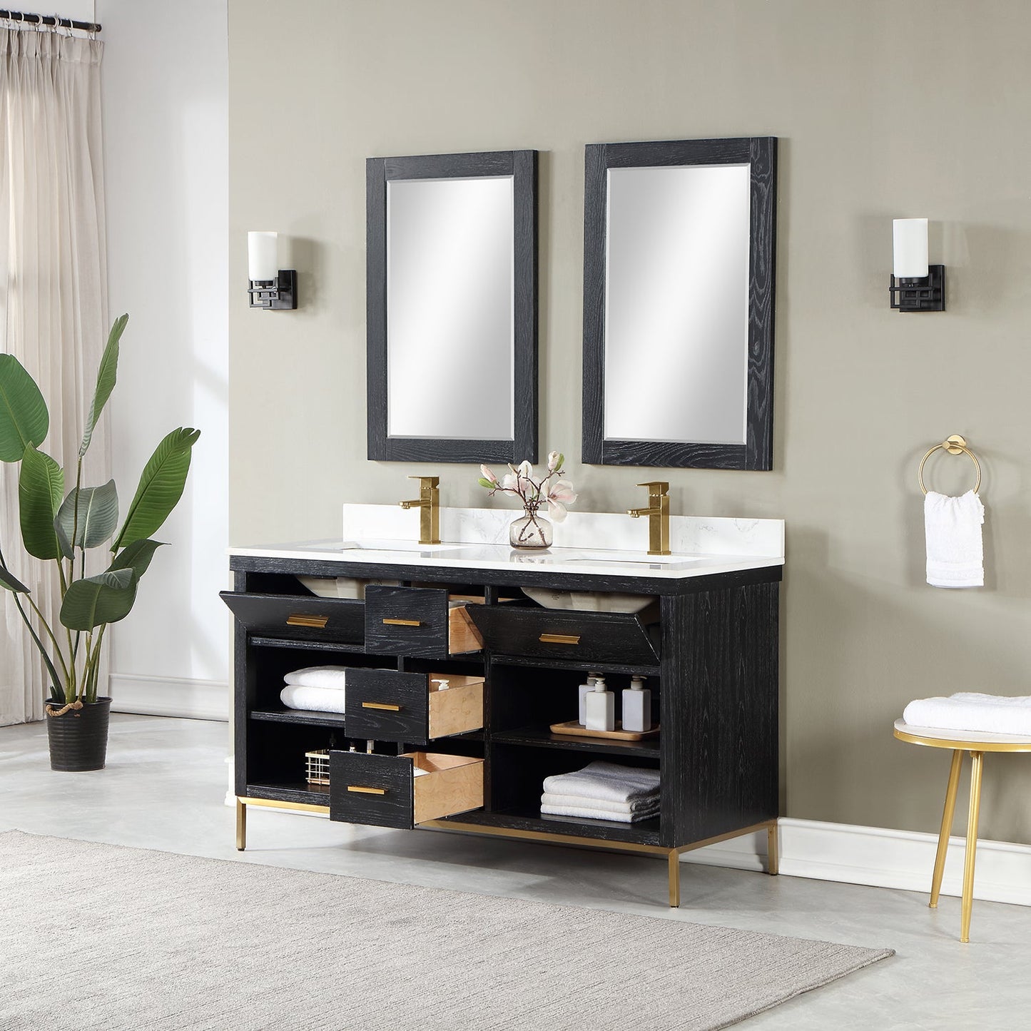 Kesia 60" Double Bathroom Vanity Set in Black Oak with Aosta White Engineered Stone Countertop with Mirror