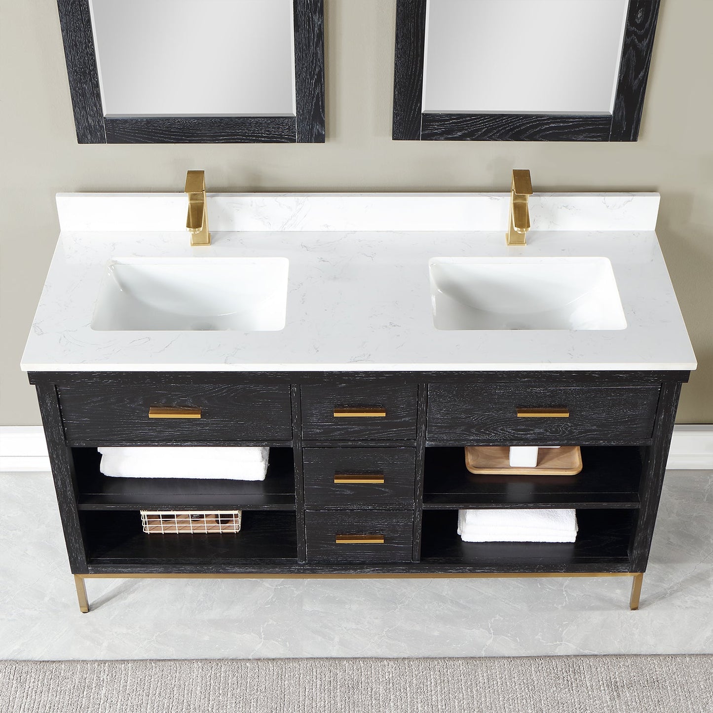 Kesia 60" Double Bathroom Vanity Set in Black Oak with Aosta White Engineered Stone Countertop with Mirror