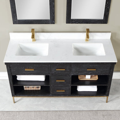 Kesia 60" Double Bathroom Vanity Set in Black Oak with Aosta White Engineered Stone Countertop with Mirror