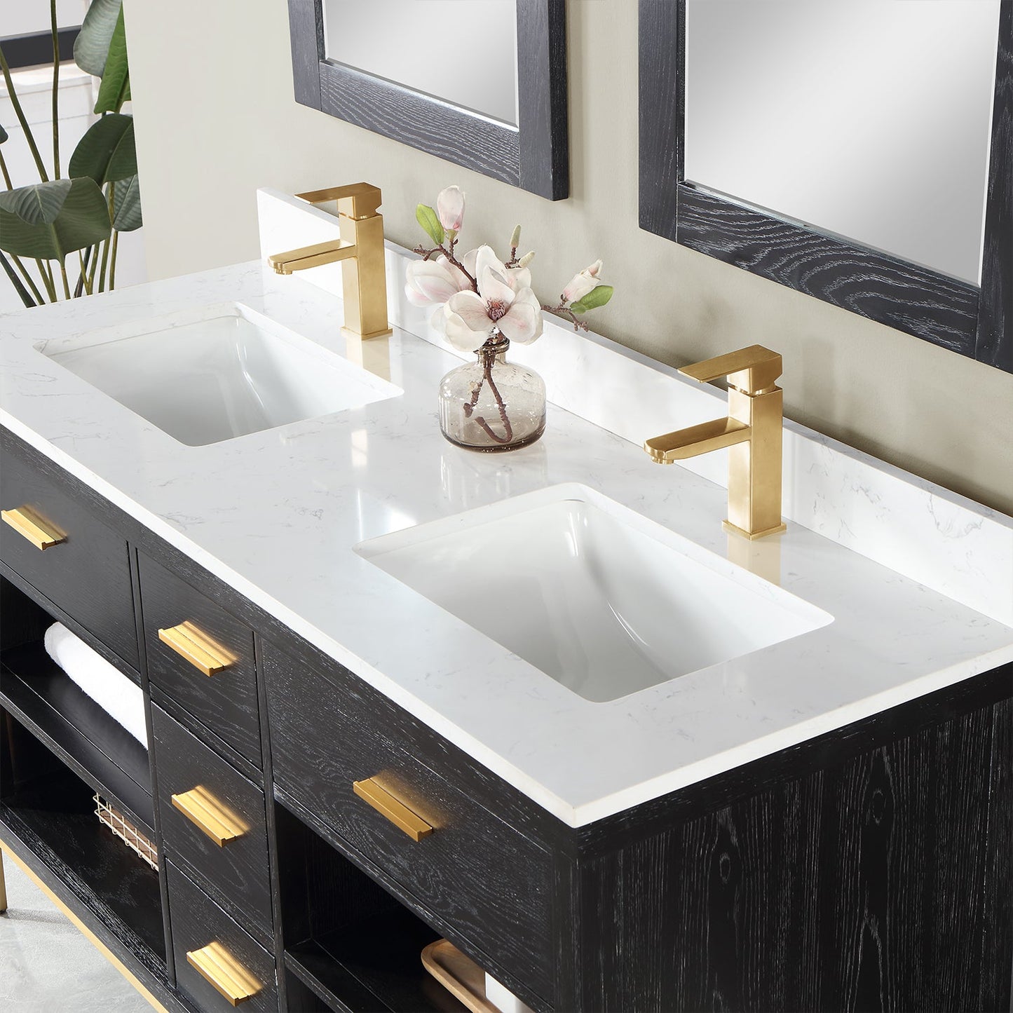 Kesia 60" Double Bathroom Vanity Set in Black Oak with Aosta White Engineered Stone Countertop with Mirror