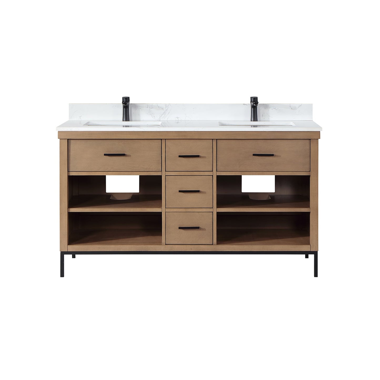 Kesia 60" Double Bathroom Vanity Set in Brown Pine with Aosta White Engineered Stone Countertop without Mirror