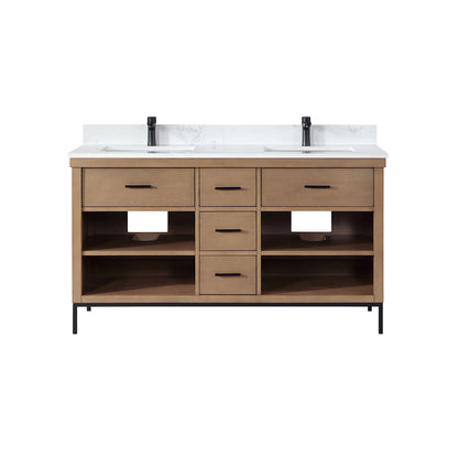 Kesia 60" Double Bathroom Vanity Set in Brown Pine with Aosta White Engineered Stone Countertop without Mirror