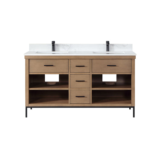 Kesia 60" Double Bathroom Vanity Set in Brown Pine with Aosta White Engineered Stone Countertop without Mirror