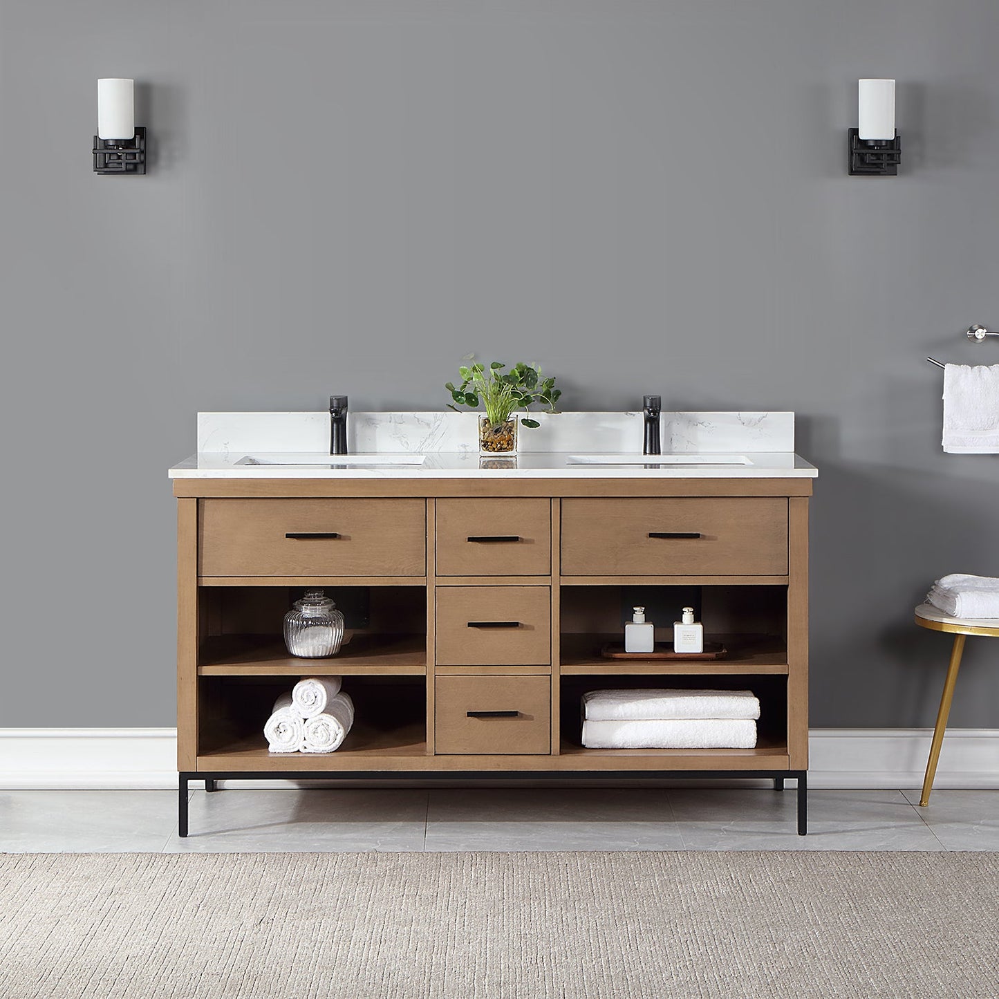 Kesia 60" Double Bathroom Vanity Set in Brown Pine with Aosta White Engineered Stone Countertop without Mirror