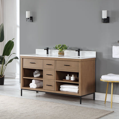 Kesia 60" Double Bathroom Vanity Set in Brown Pine with Aosta White Engineered Stone Countertop without Mirror
