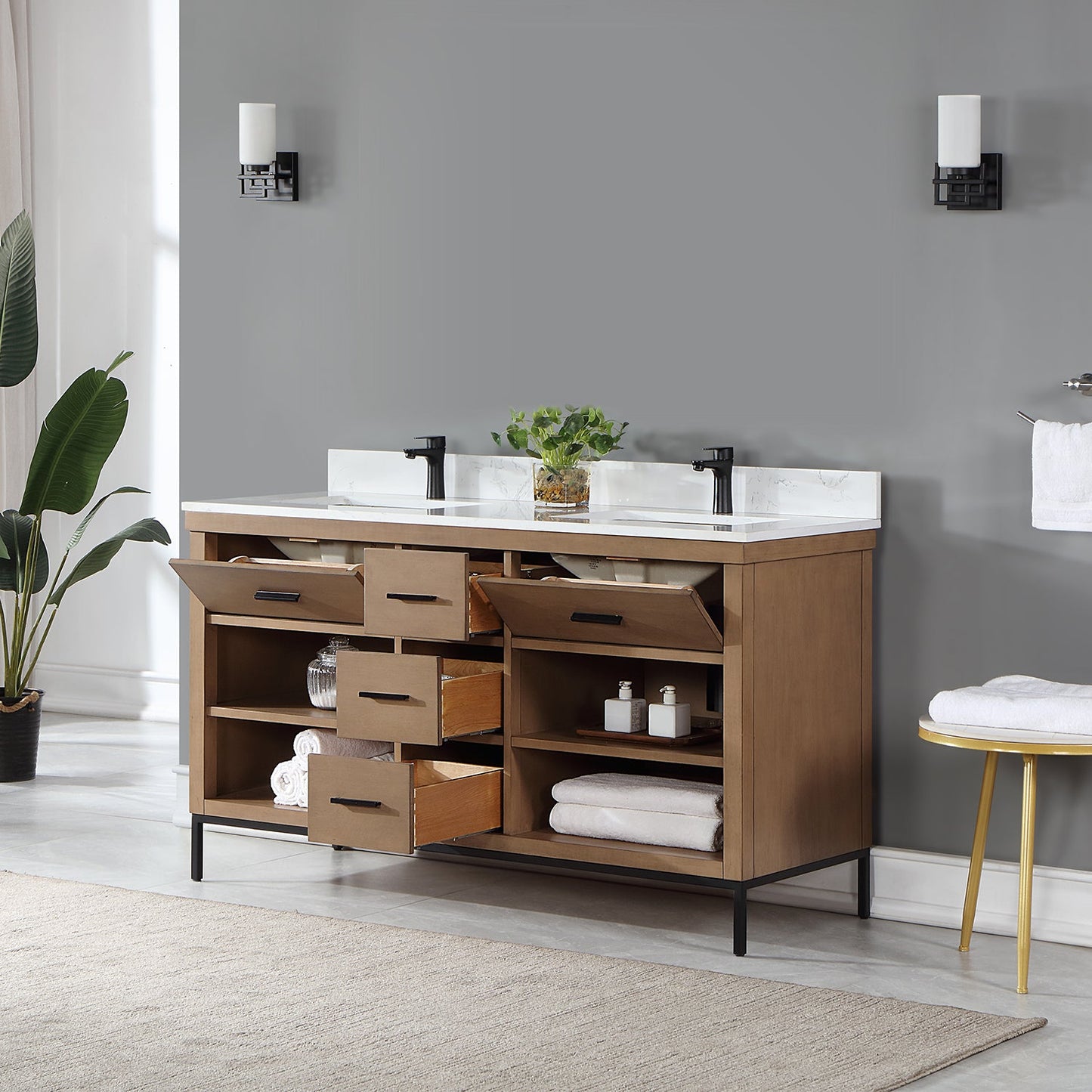 Kesia 60" Double Bathroom Vanity Set in Brown Pine with Aosta White Engineered Stone Countertop without Mirror