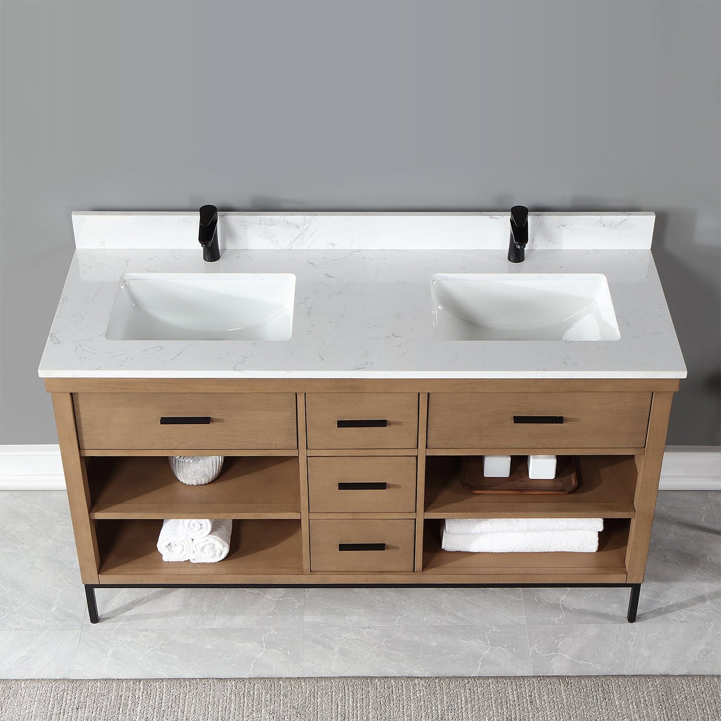 Kesia 60" Double Bathroom Vanity Set in Brown Pine with Aosta White Engineered Stone Countertop without Mirror