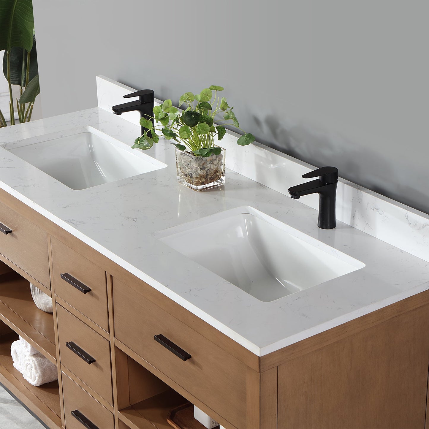 Kesia 60" Double Bathroom Vanity Set in Brown Pine with Aosta White Engineered Stone Countertop without Mirror