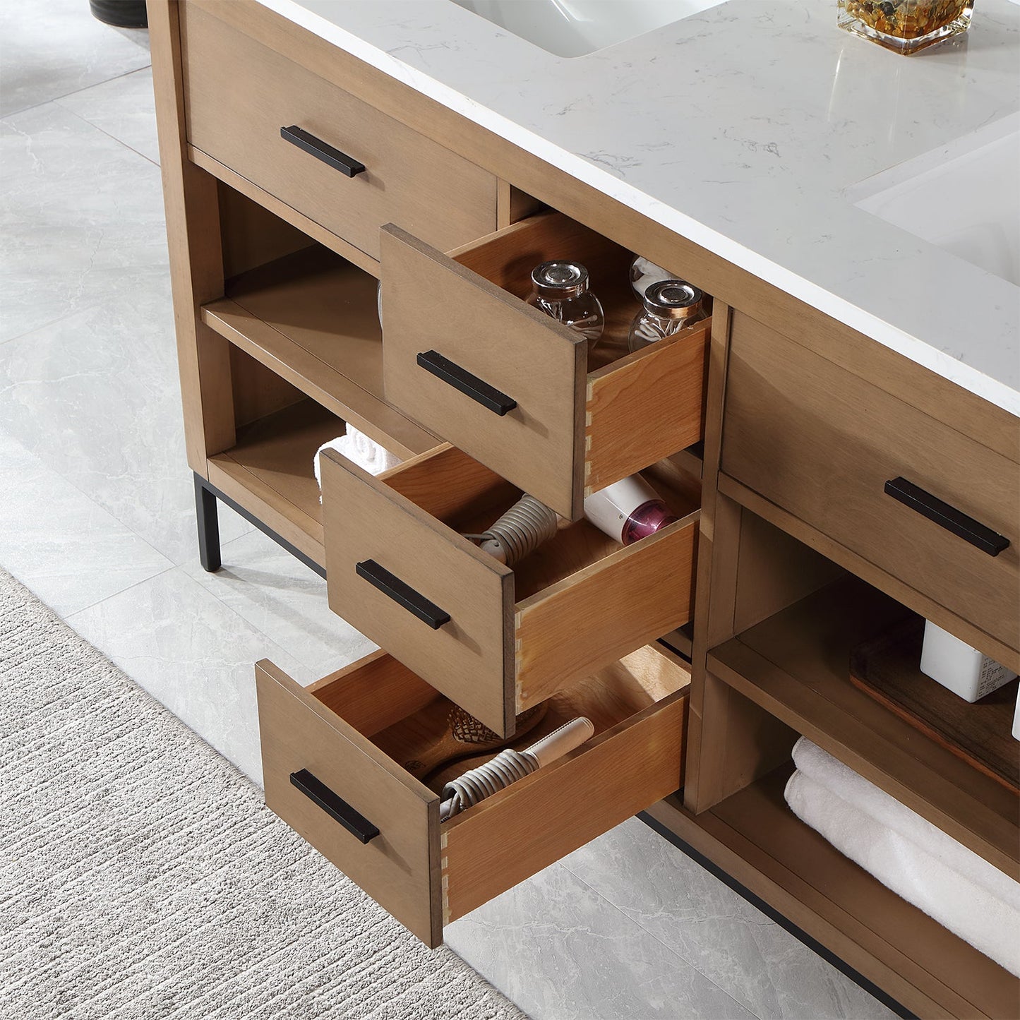 Kesia 60" Double Bathroom Vanity Set in Brown Pine with Aosta White Engineered Stone Countertop without Mirror