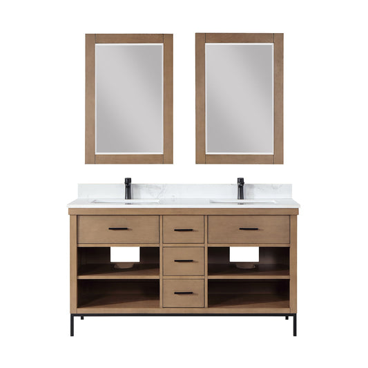 Kesia 60" Double Bathroom Vanity Set in Brown Pine with Aosta White Engineered Stone Countertop with Mirror