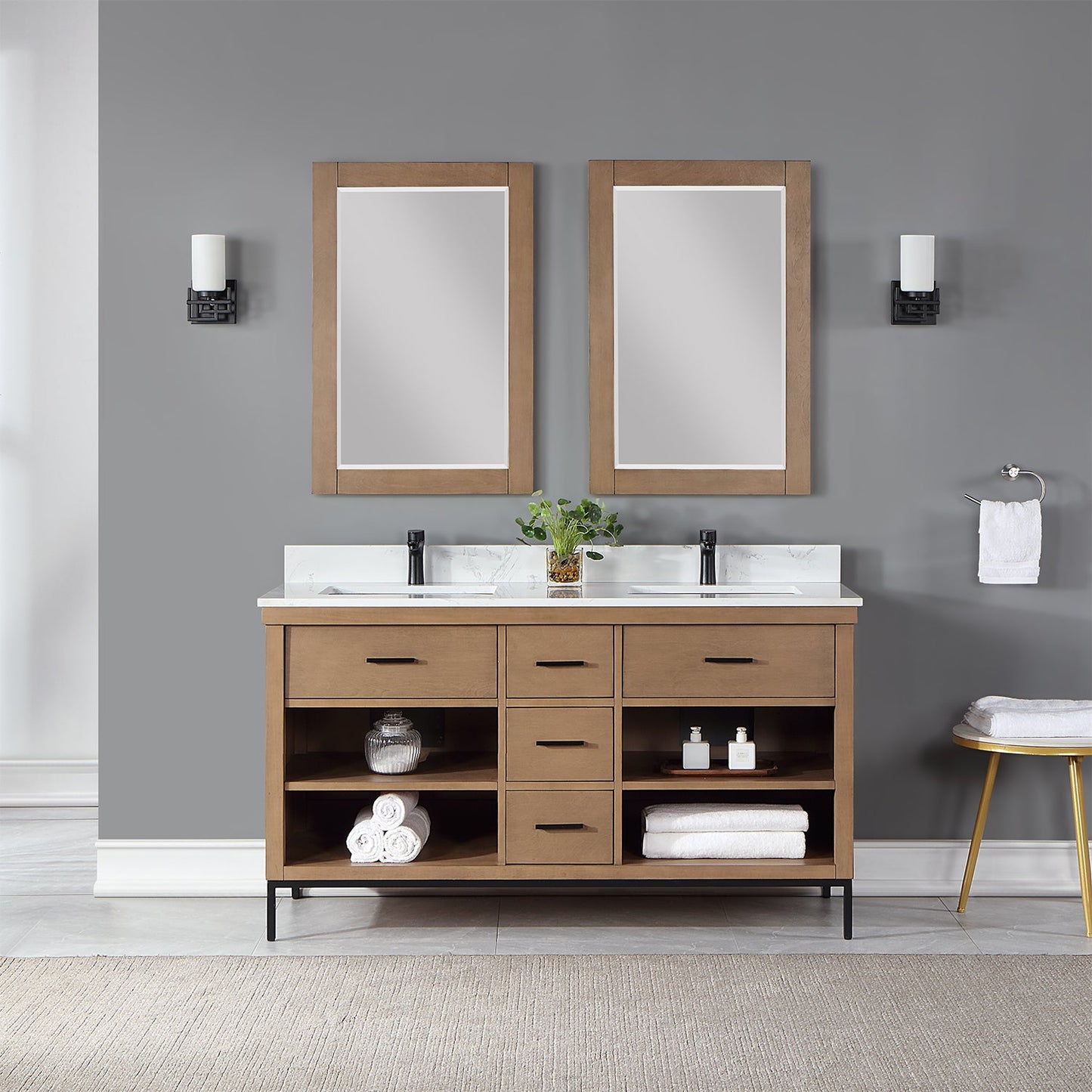 Kesia 60" Double Bathroom Vanity Set in Brown Pine with Aosta White Engineered Stone Countertop with Mirror