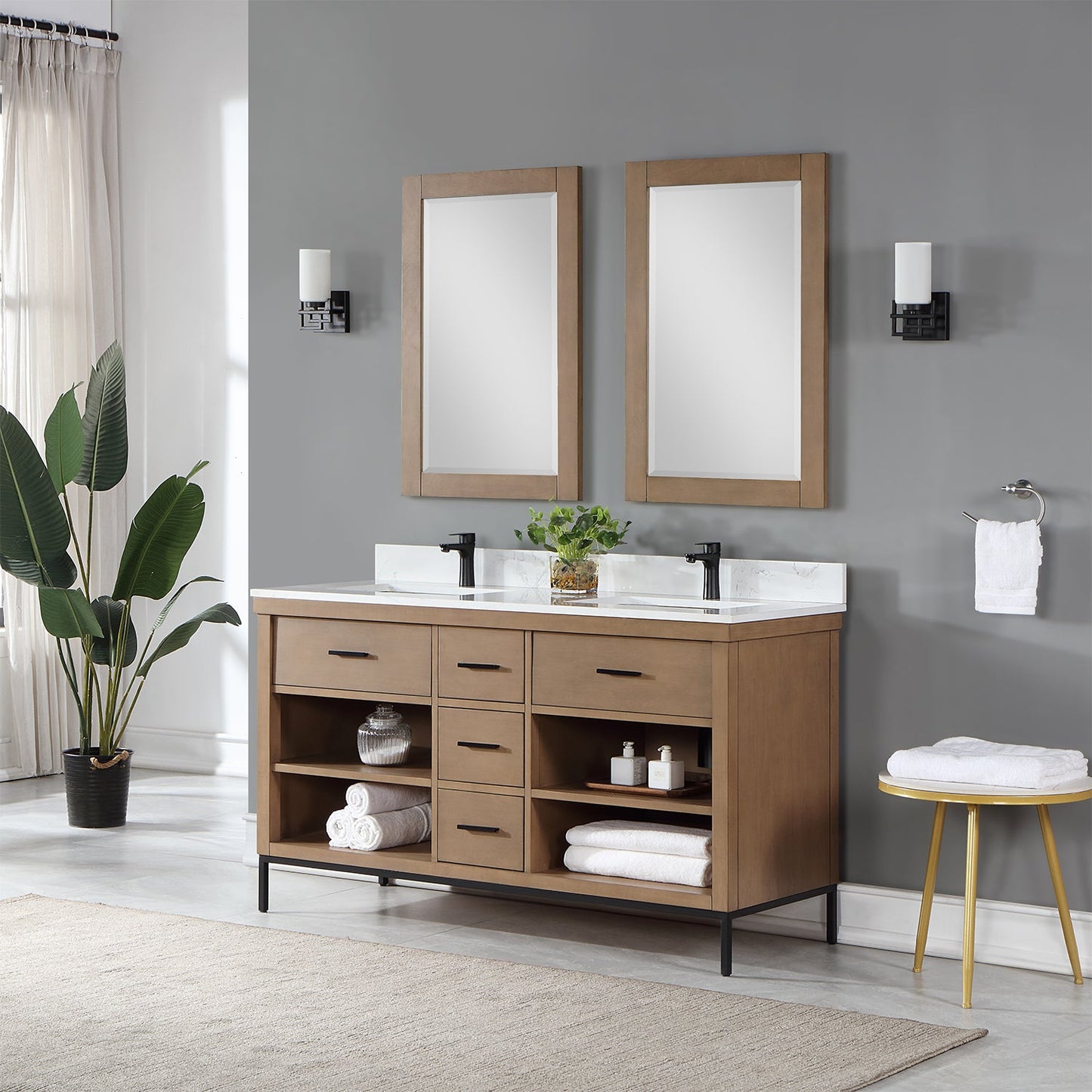Kesia 60" Double Bathroom Vanity Set in Brown Pine with Aosta White Engineered Stone Countertop with Mirror
