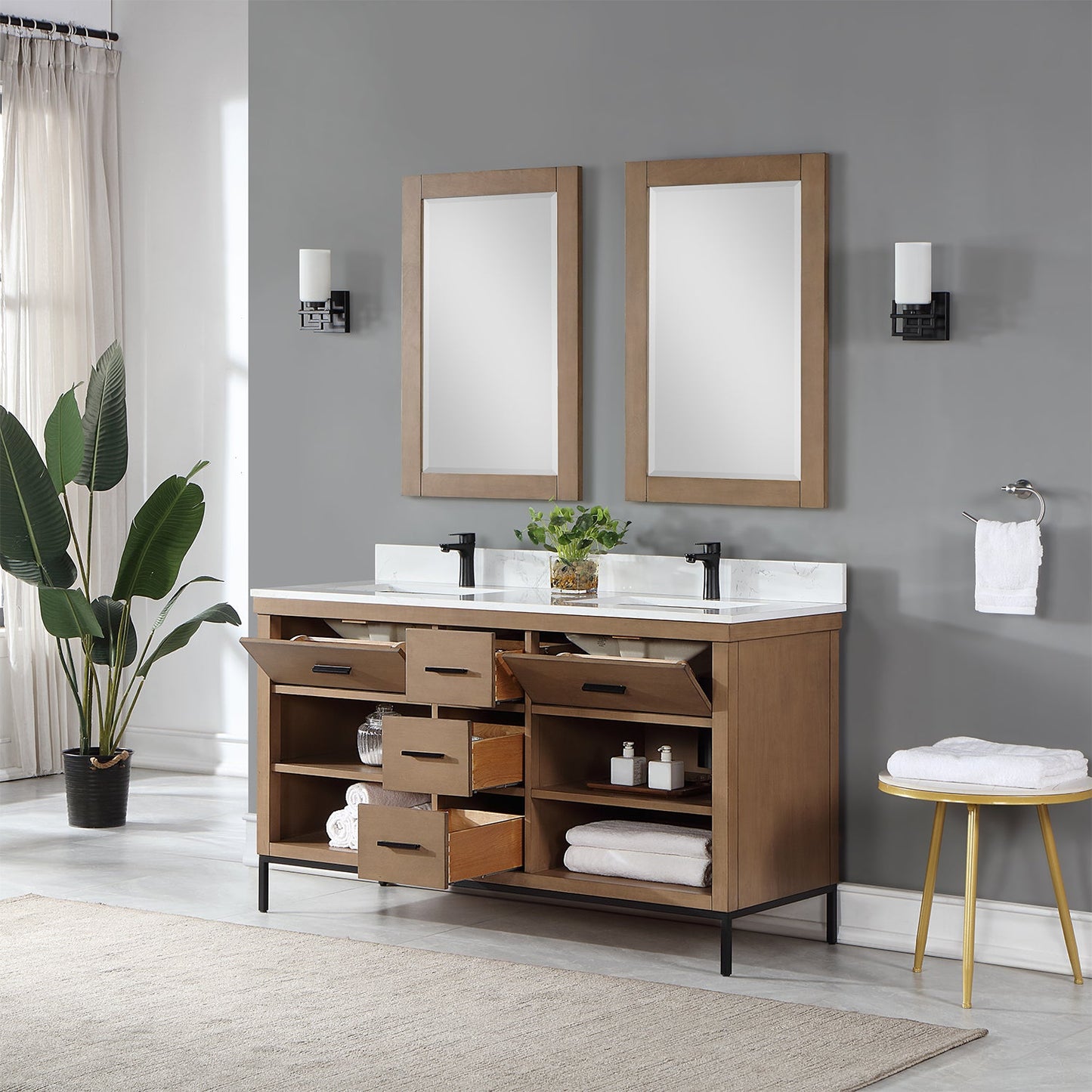 Kesia 60" Double Bathroom Vanity Set in Brown Pine with Aosta White Engineered Stone Countertop with Mirror