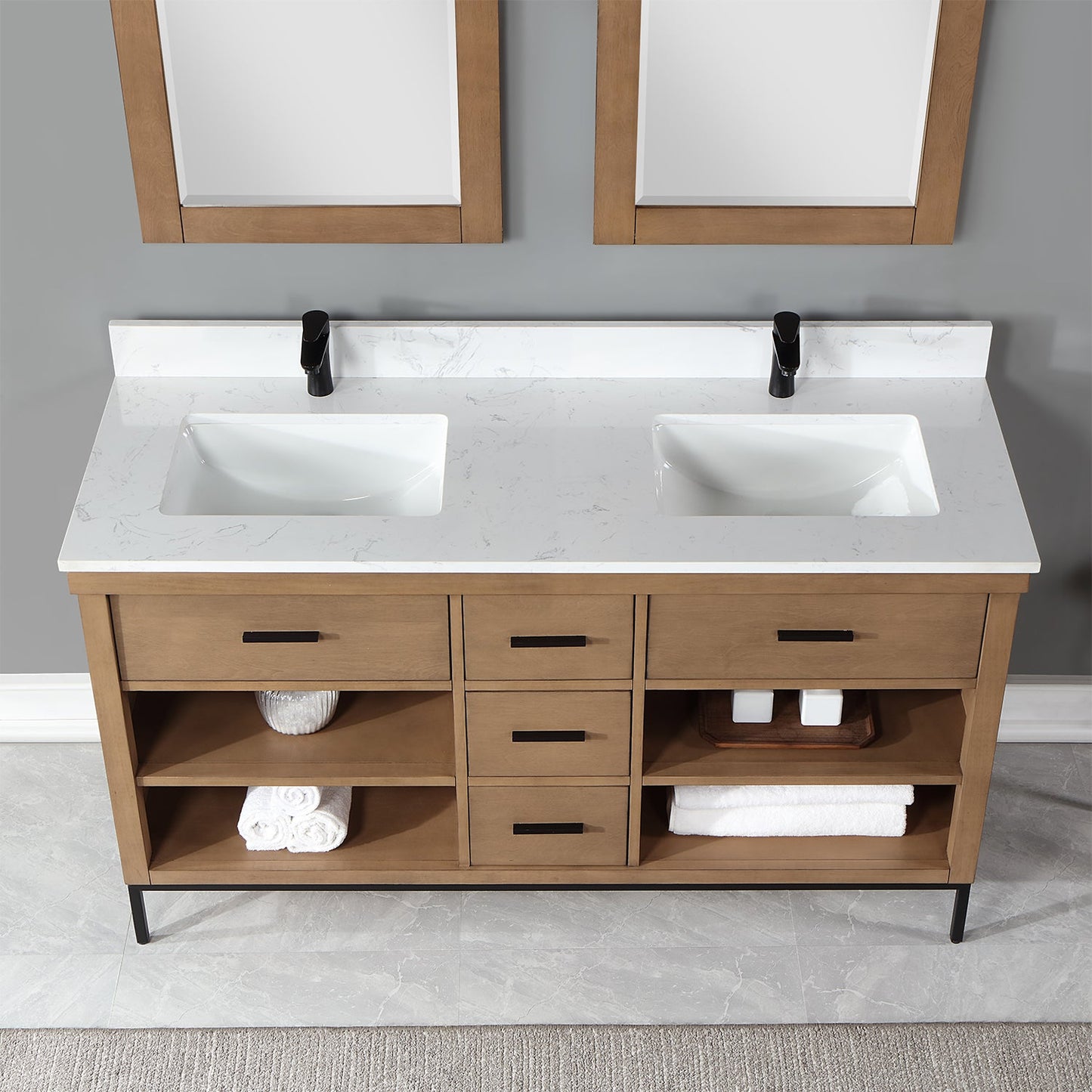 Kesia 60" Double Bathroom Vanity Set in Brown Pine with Aosta White Engineered Stone Countertop with Mirror