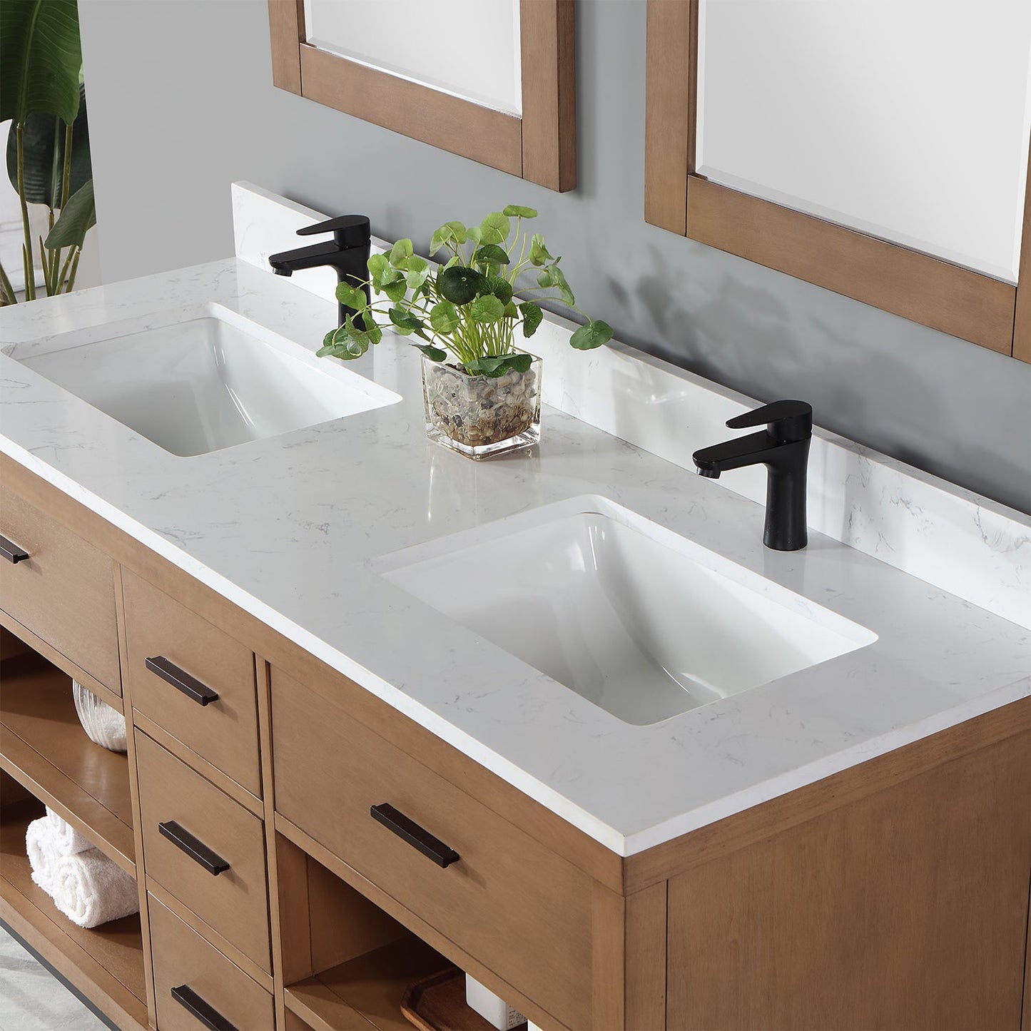 Kesia 60" Double Bathroom Vanity Set in Brown Pine with Aosta White Engineered Stone Countertop with Mirror