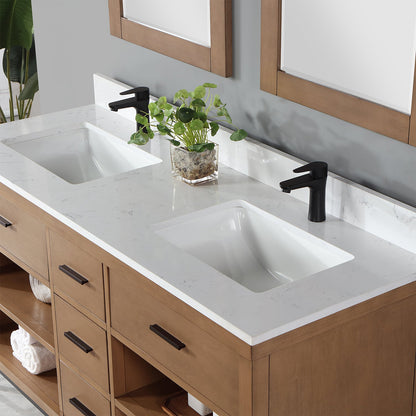 Kesia 60" Double Bathroom Vanity Set in Brown Pine with Aosta White Engineered Stone Countertop with Mirror