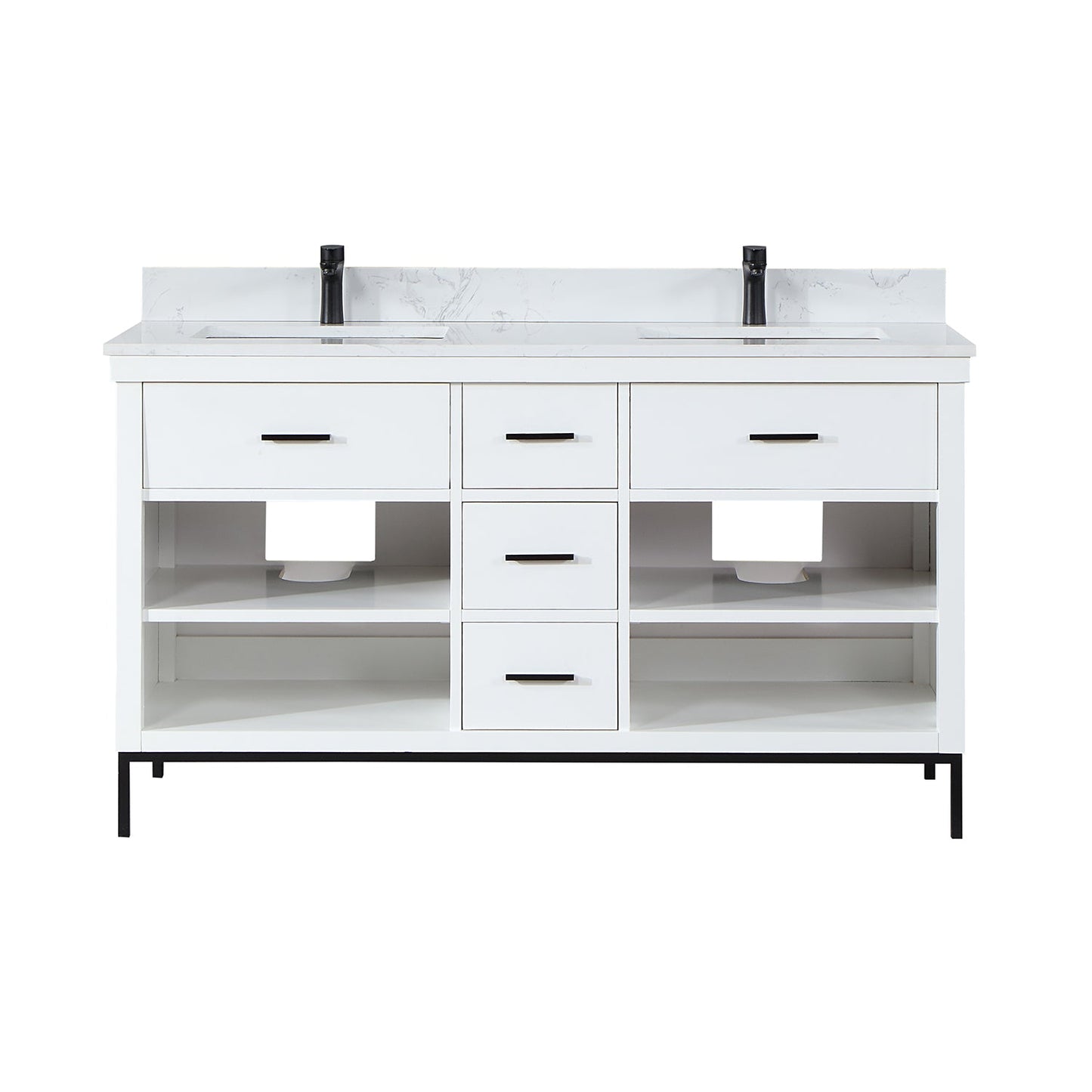Kesia 60" Double Bathroom Vanity Set in White with Aosta White Engineered Stone Countertop without Mirror