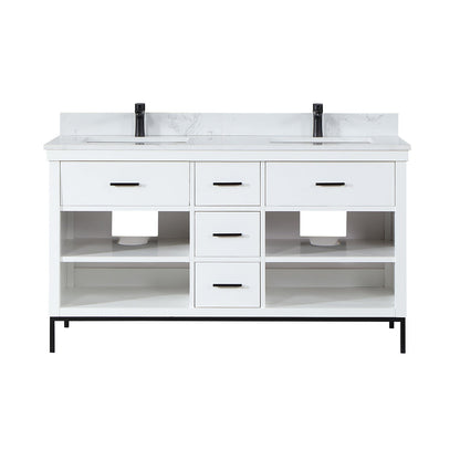 Kesia 60" Double Bathroom Vanity Set in White with Aosta White Engineered Stone Countertop without Mirror