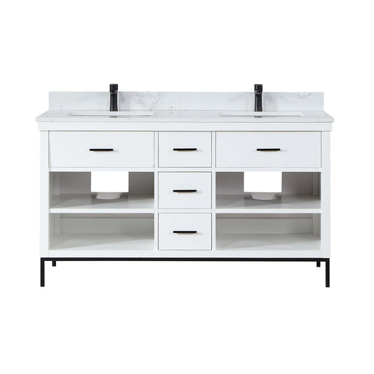 Kesia 60" Double Bathroom Vanity Set in White with Aosta White Engineered Stone Countertop without Mirror