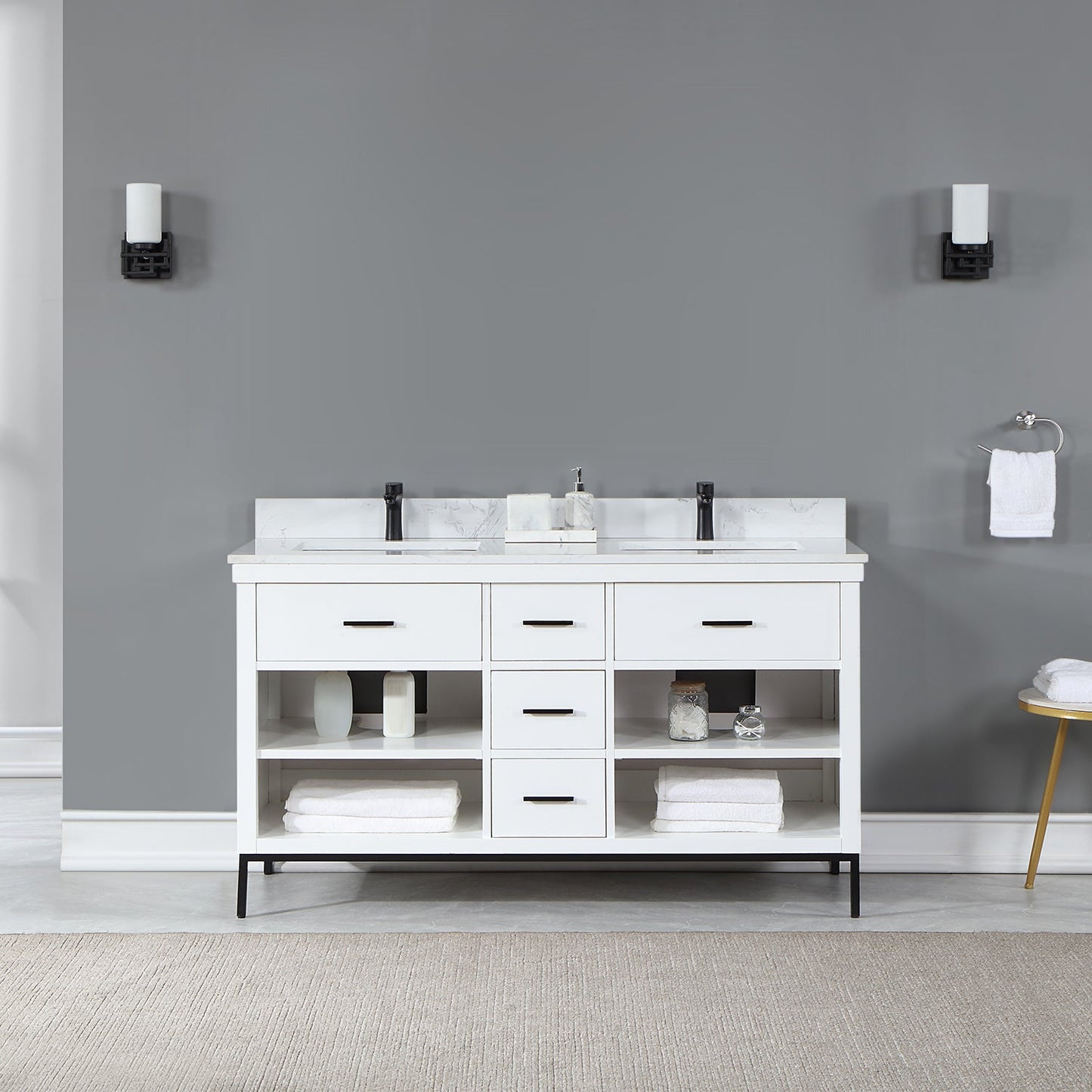 Kesia 60" Double Bathroom Vanity Set in White with Aosta White Engineered Stone Countertop without Mirror