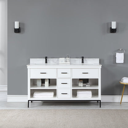 Kesia 60" Double Bathroom Vanity Set in White with Aosta White Engineered Stone Countertop without Mirror