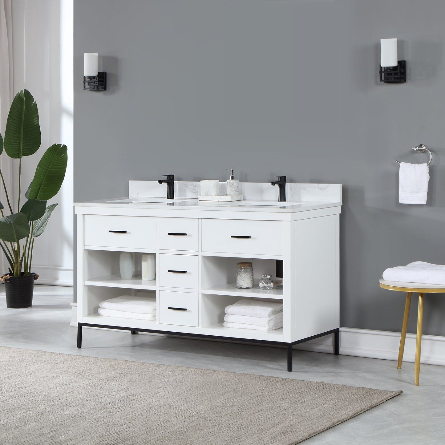 Kesia 60" Double Bathroom Vanity Set in White with Aosta White Engineered Stone Countertop without Mirror