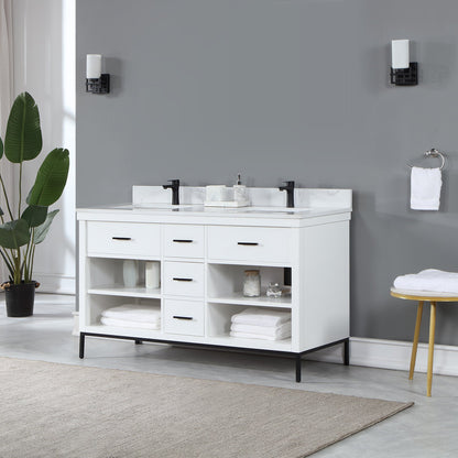 Kesia 60" Double Bathroom Vanity Set in White with Aosta White Engineered Stone Countertop without Mirror