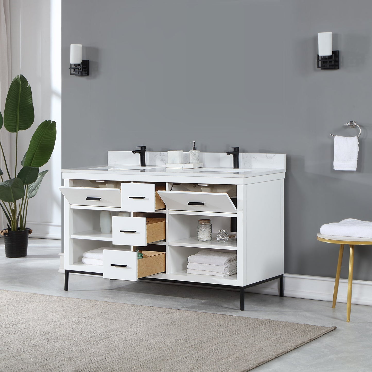 Kesia 60" Double Bathroom Vanity Set in White with Aosta White Engineered Stone Countertop without Mirror